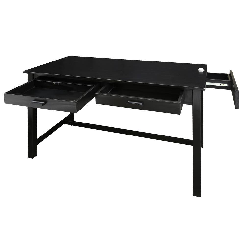 Jefferson Black Pine Wood Desk with Concealed Drawers