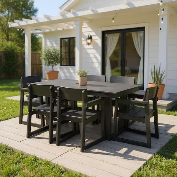 Black 7-Piece HDPE Outdoor Dining Set Rectangular Table with Umbrella Hole and 6 Armrest Chairs