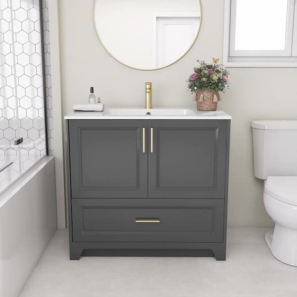 Getpro 36 in. W x 22 in. D x 34 in. H Single Sink Freestanding Bath Vanity Charcoal Gray with Solid Surface White Top and Basin