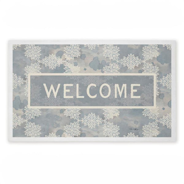 Crystal Pattern Damask Welcome Blue 18 in. x 30 in. Polyester Non-Slip Outdoor Door Mat