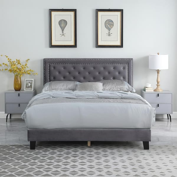 Gray Grey Velvet Upholstered Headboard Full Queen Tufted Fabric Bed Frame Mount 