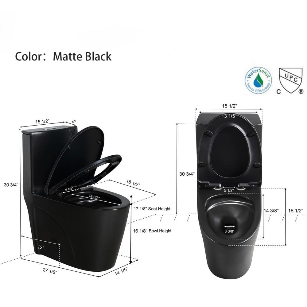 Matte Black Ceramic Dual Flush Elongated One-Piece Toilet