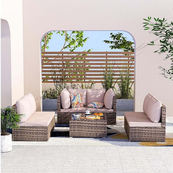 Unbranded 7 Pieces Black Wicker Outdoor Patio Conversation Set with Brown Cushions, Coffee Table, for Garden, Poolside