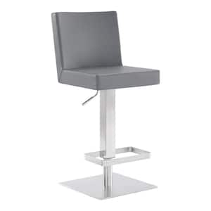 Cleaon Contemporary Adjustable 35-43.5 in. Swivel Bar Stool in Brushed Stainless Steel and Grey Faux Leather