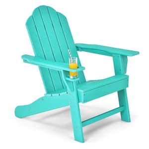 Turquoise Plastic Patio Adirondack Chair Weather-Resistant Garden Deck with Cup Holder