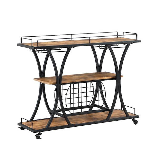 Unbranded Brown Wood Kitchen Cart with Wheels 3-Tier Storage Shelves