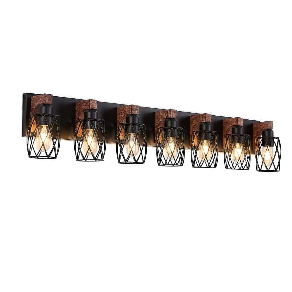 7-Light Black Vanity Light with Cage Metal Shades and Walnut Wood Frame, E26 Bulbs Not Included price history on PriceWatchPro
