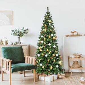 8 ft. Artificial Christmas Tree Hinged Tree with Pine Cones Metal Stand