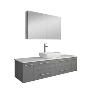 Lucera 60 in. W Wall Hung Vanity in Gray with Quartz Stone Vanity Top in White with White Basin and Medicine Cabinet