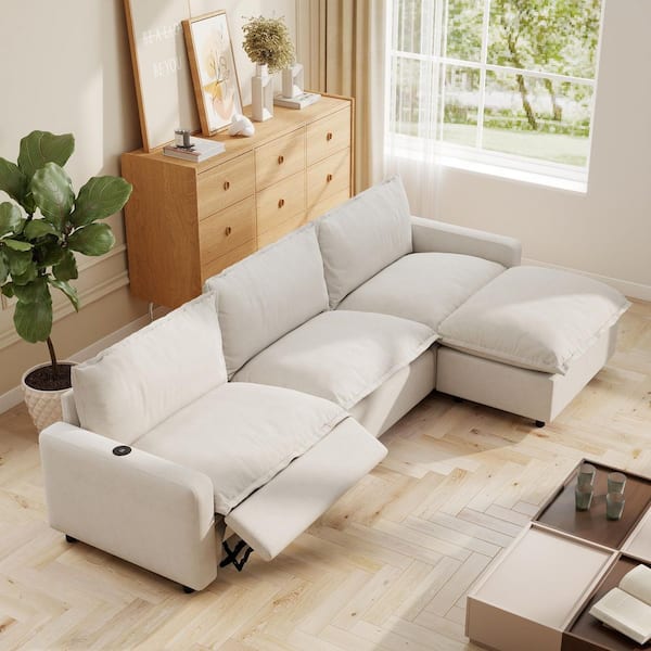 120.48 in. Square Arm 4-piece Linen L-Shape Sectional Sofa with Heated Power Recliner,USB and Wireless Charging in Beige