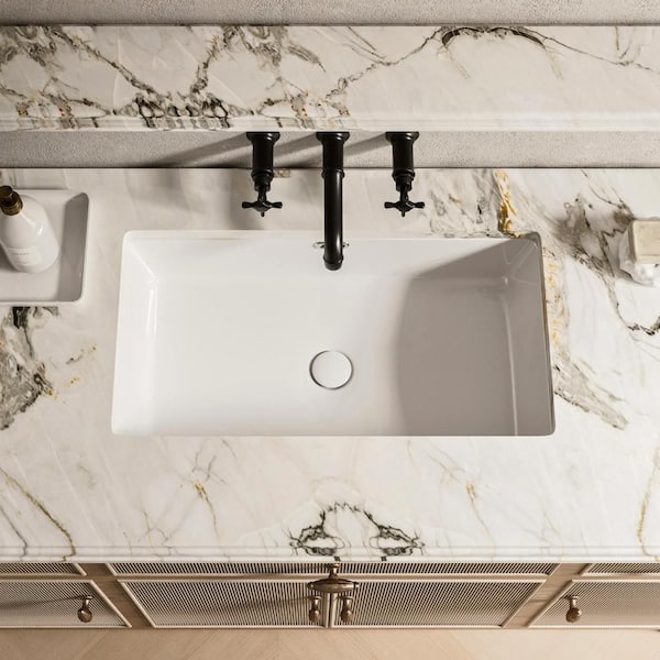 Los Flexi 28 in. Rectangular Undermount Bathroom Sink, White Ceramic Vanity Sink with Overflow, Easy Undercounter Installation