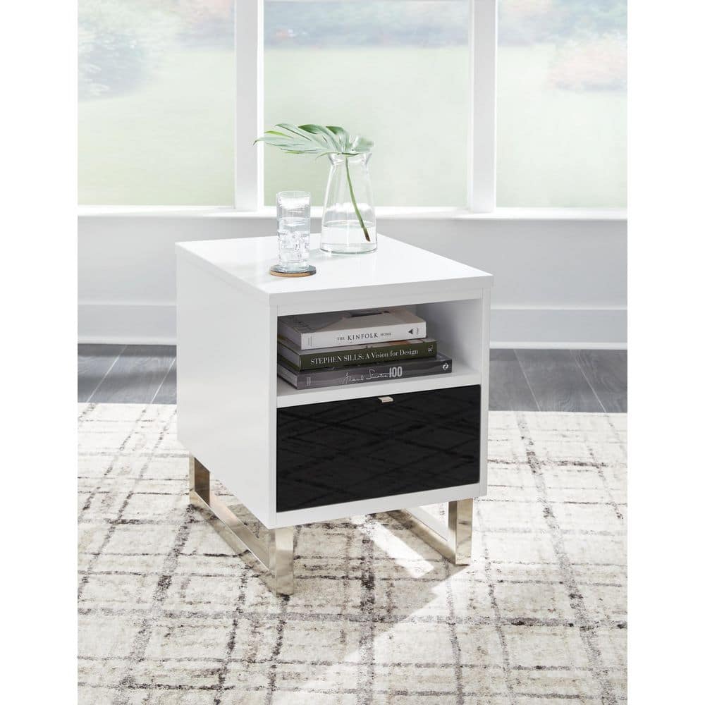 Modern Black and White Wood Metal End Table with Storage