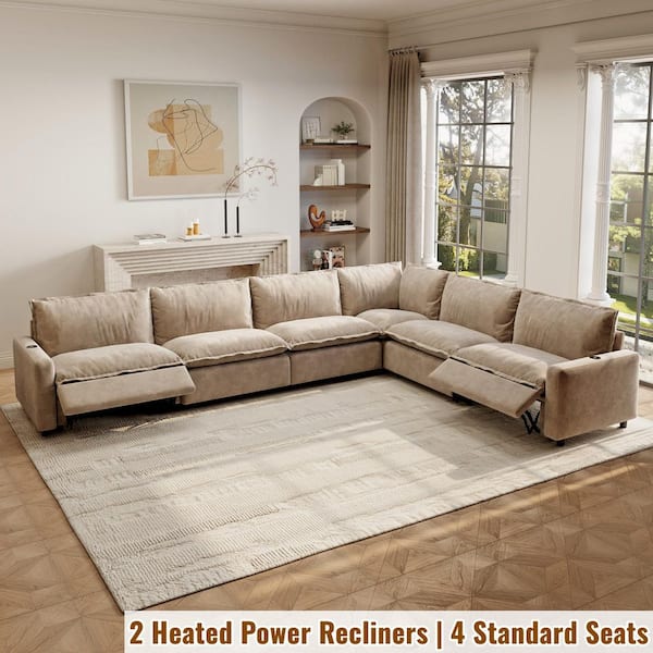 Power Recliner Couch,140 in. Square Arm 6-Piece Linen Modular Motion Sectional Sofa with Heating, USB Ports in Khaki