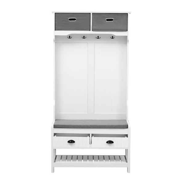 Unbranded 34.2 in. W x 16.5 in. D x 68.5 in. H White Wood Linen Cabinet with Hall Tree, Entryway Bench, Hooks and Drawers