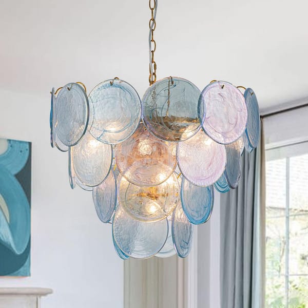 HUOKU Vinto 9-Light 23.6 in. W Brushed Gold and Blue Tiered Vintage Chandelier with Colorful Glass Discs for Living Room