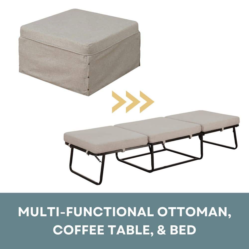 Soft Beige Fabric Folding Bed Ottoman with Metal Frame