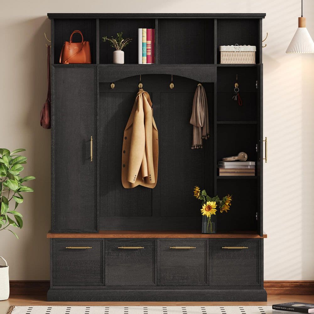 Black MDF Wood Hall Tree with Golden Hooks and Handles, Practical Entryway Walnut Bench and Adjustable Shelves price history on PriceWatchPro