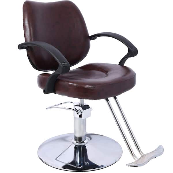 Faux Leather Adjustable Height Barber Chair Ergonomic Salon Chair Shampoo Barbering Chair in Brown with Barber Cape
