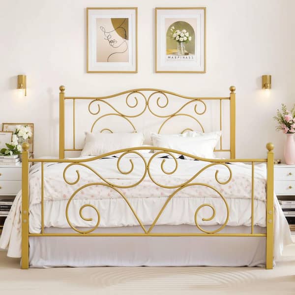 VECELO Bed Frame Queen Size Bed Mattress Foundation Support with Headboard and Footboard Metal Platform Bed, Gold