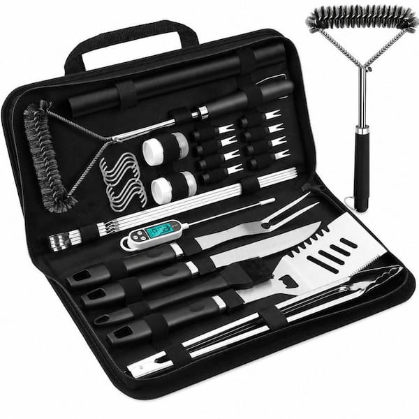 31-Piece BBQ Grill Accessories, Stainless Steel BBQ Utensils Kit with Mats, Grill Brush in Carrying Bag, Black