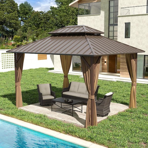 10 ft. x 12 ft. Aluminum Outdoor Gazebo with Double Galvanized Steel Roof, Ceiling Hook, Mosquito Netting and Curtains