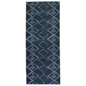 Aspen Navy Creme 2 ft. 8 in.. X 8 ft. Machine Washable Tribal Moroccan Bohemian Polyester Non-Slip Backing Area Rug