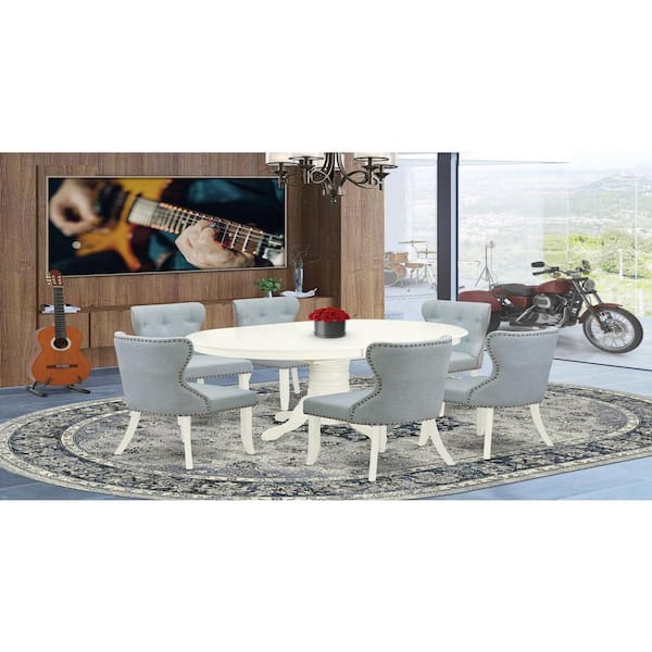 7-Piece Oval Linen White Finish Solid Wood Top Dining Table with 6-Chairs with Butterfly Leaf Lattice Back
