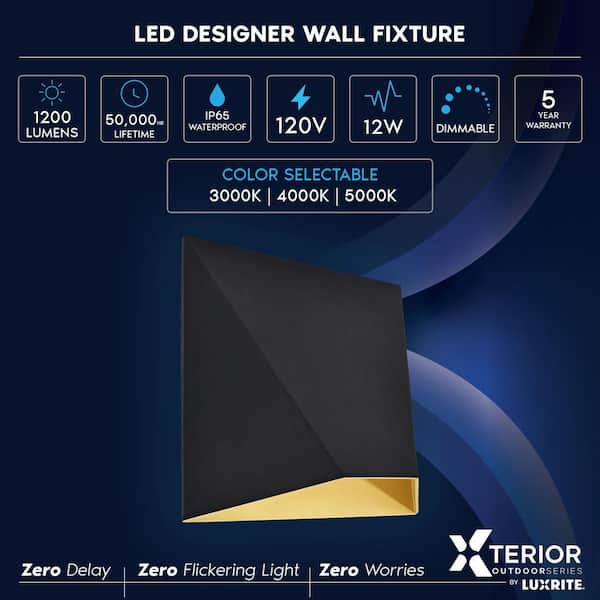 8 in. Black and Gold Outdoor LED Wall Sconce Light Fixture 3CCT 3000K-5000K 12W ETL IP65 Waterproof