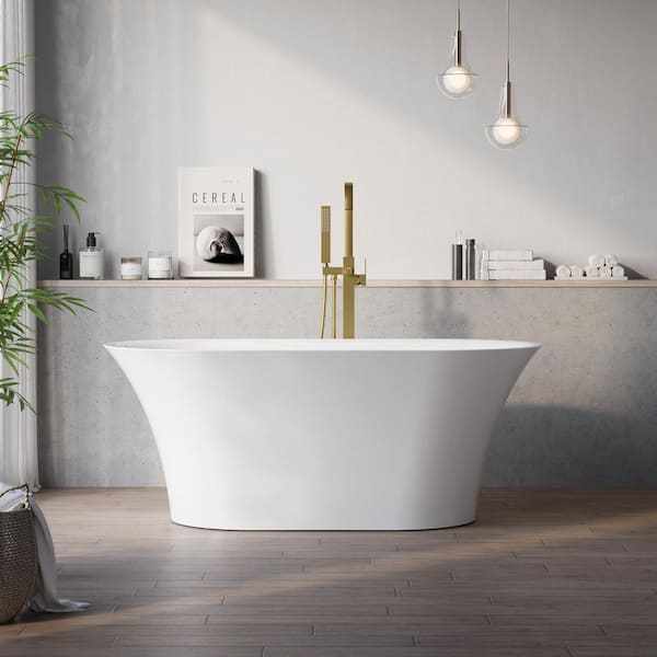 59 in. x 31.5 in. Acrylic Freestanding Soaking Bathtub with Center Drain and Overflow in White