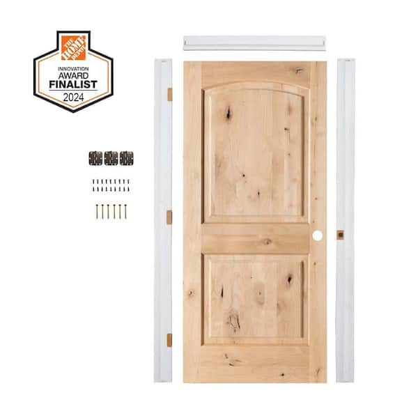DIY 36 in. x 80 in. Arch Top Knotty Alder Left-Hand Unfinished Wood Single Interior Door Kit w/ Quick Assemble Jamb