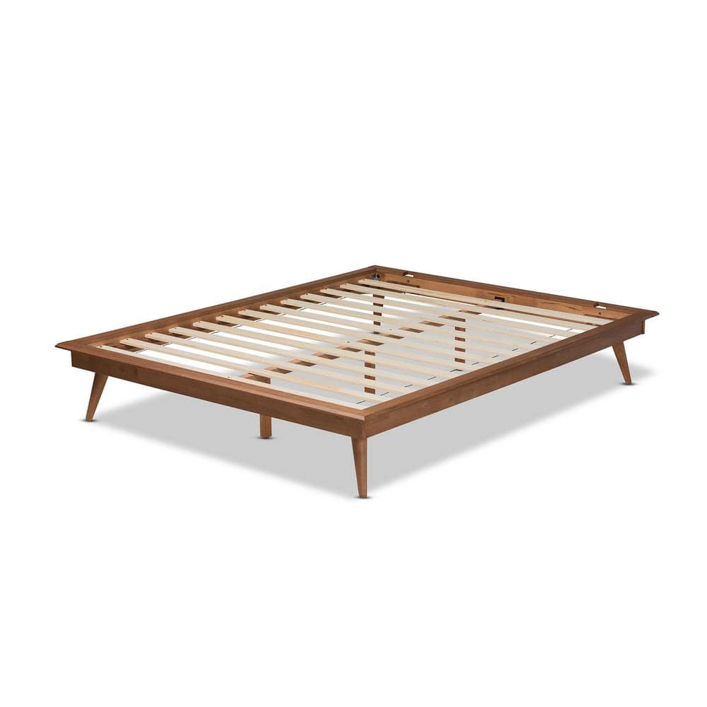 Mid-Century Modern Walnut Brown Full Platform Bed with Tufted Upholstery