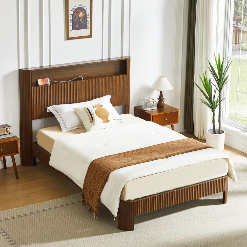 Estra Brown Wood Frame Full XL Size Platform Bed with Storage Headboard, Charging Station, Curved Lines Design, Walnut
