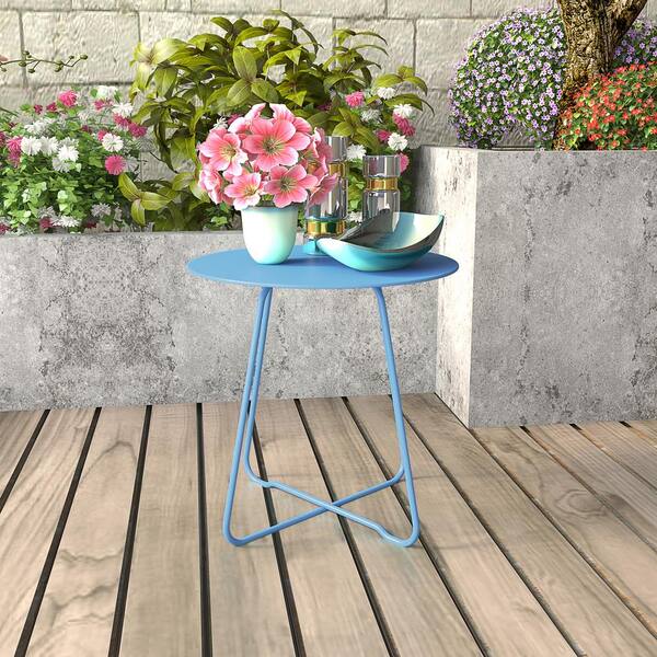 17.75 in. Metal blue Round Metal Outdoor Side Table, WeatherResistant