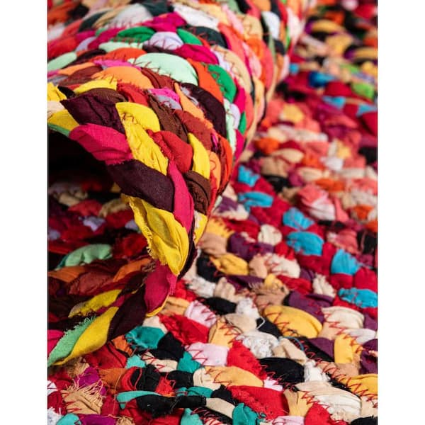 Round Chindi Rag Rug, Recycled Cotton, Multicolour 3 ft, Braided Style,  Hand Knotted