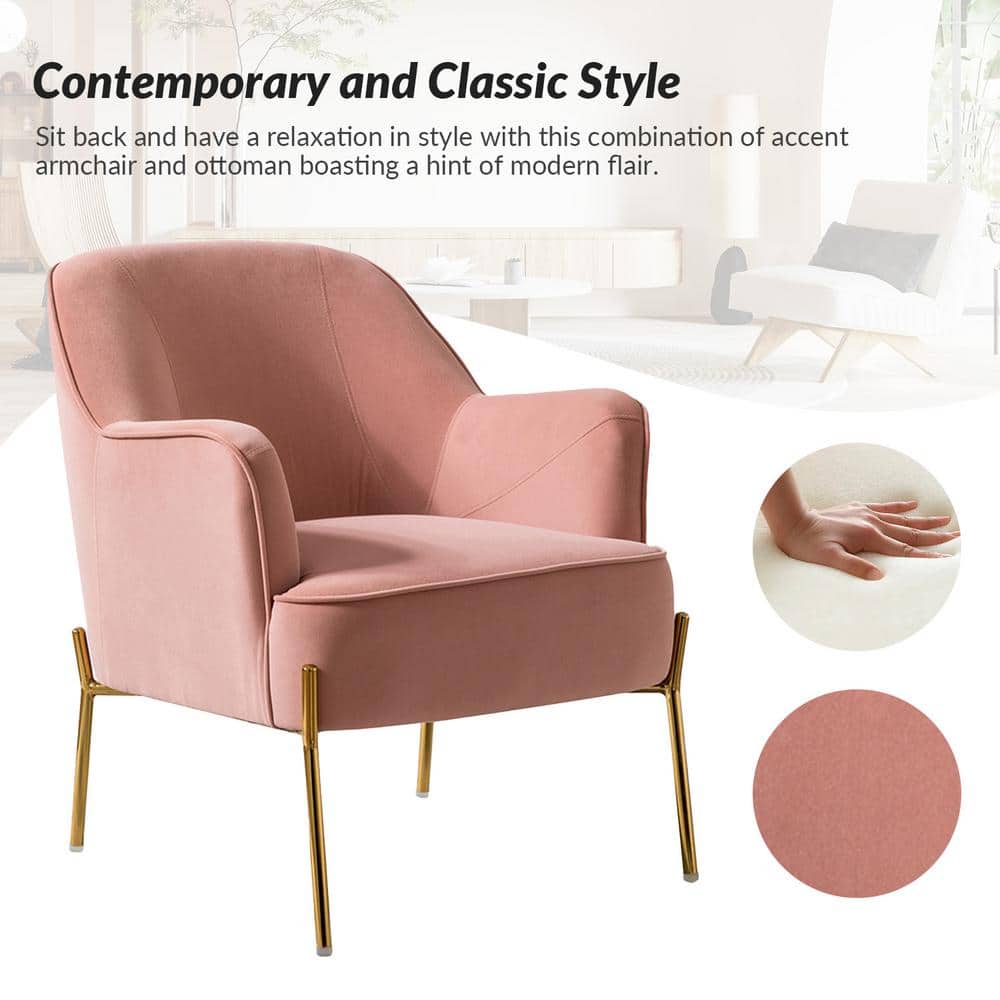 Elegant Mid-Century Pink Velvet Accent Chair with Golden Legs