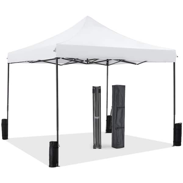 10 ft. x 10 ft. White Pop Up Canopy Tent, Portable Outdoor Shade Instant Sun Shelter with 4 Sand Bags and Storage Bag