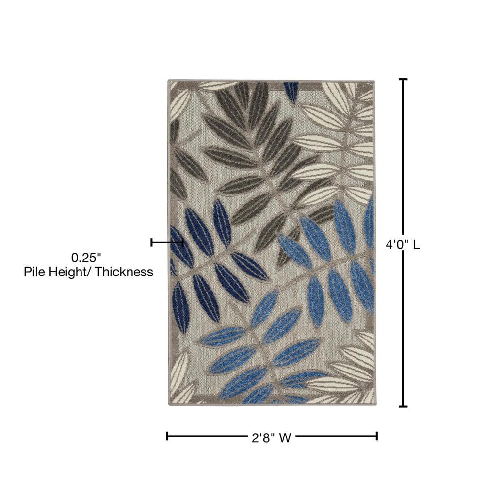 Lively Leaf Design 32" Round Blue/Grey Synthetic Area Rug