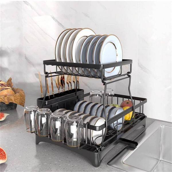 Dish Rack & Drainboard Set Kitchen Dish Drainer w/ Cutlery Holder & Cup  Holder
