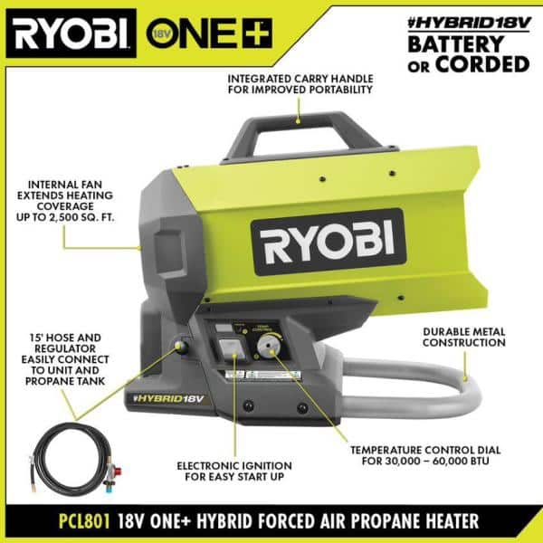 RYOBI ONE+ 18V Cordless Hybrid Forced Air Propane Heater (Tool Only)  PCL801B - The Home Depot