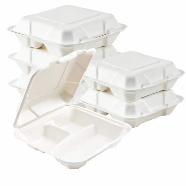 50 Pack 8 x 8 in. 3-Compartment Compostable Clamshell Takeout Containers for Hot and Cold Foods