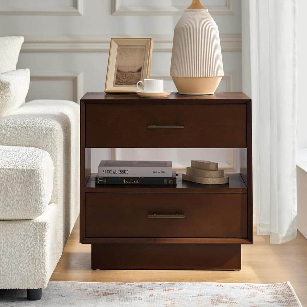 Zaida Walnut 24 in. W Mid-century Modern 3-Drawer Nightstand with Built-In Outlets