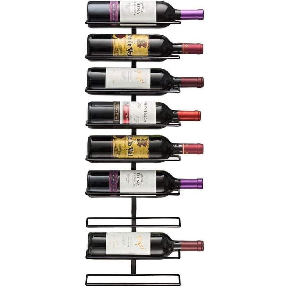 28 in. H x 10.25 in. W x 3 in. D 9-Bottle Black Metal Wall-Mounted Wine Rack with 3.5 in. H Each Tier, Include 2 Screws