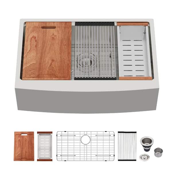 36 in. Farmhouse/Apron Front Single Bowl 16-Gauge Stainless Steel Brushed Workstation Kitchen Sink with Strainer