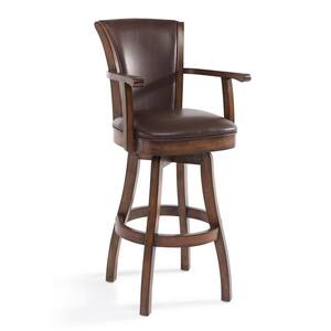 Charlie 30 in. Brown High Back Wood Bar Stool with Faux Leather Seat