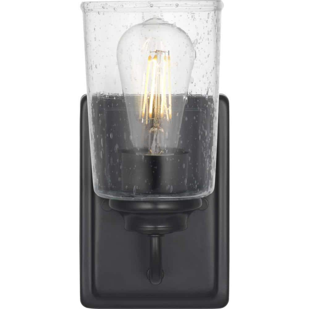 Hampton Bay Evangeline 4.5 in. 1-Light Matte Black Indoor Wall Farmhouse Sconce with Clear Seeded Glass Shade