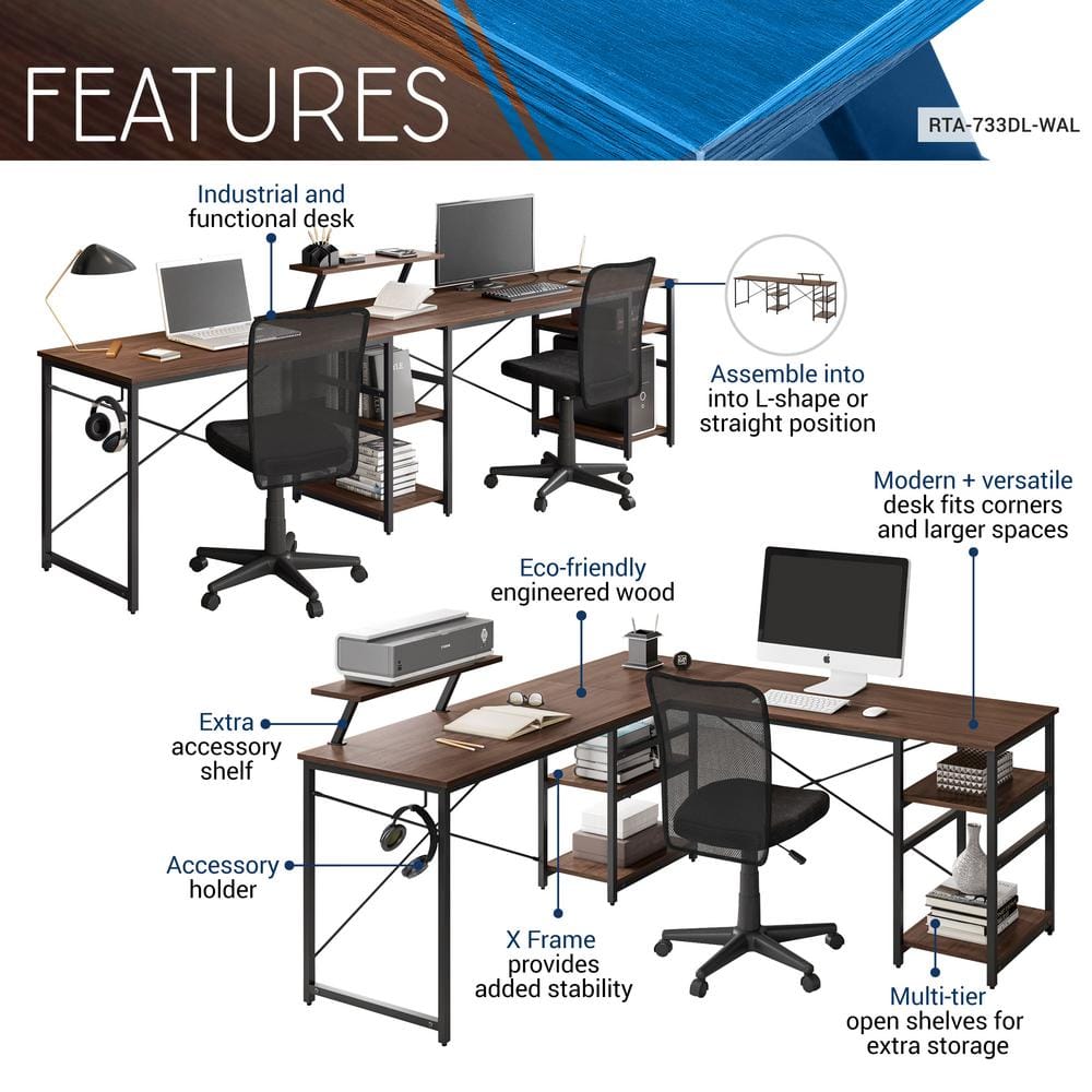 ErgoEdge Black Wood L-Shaped Gaming Computer Desk