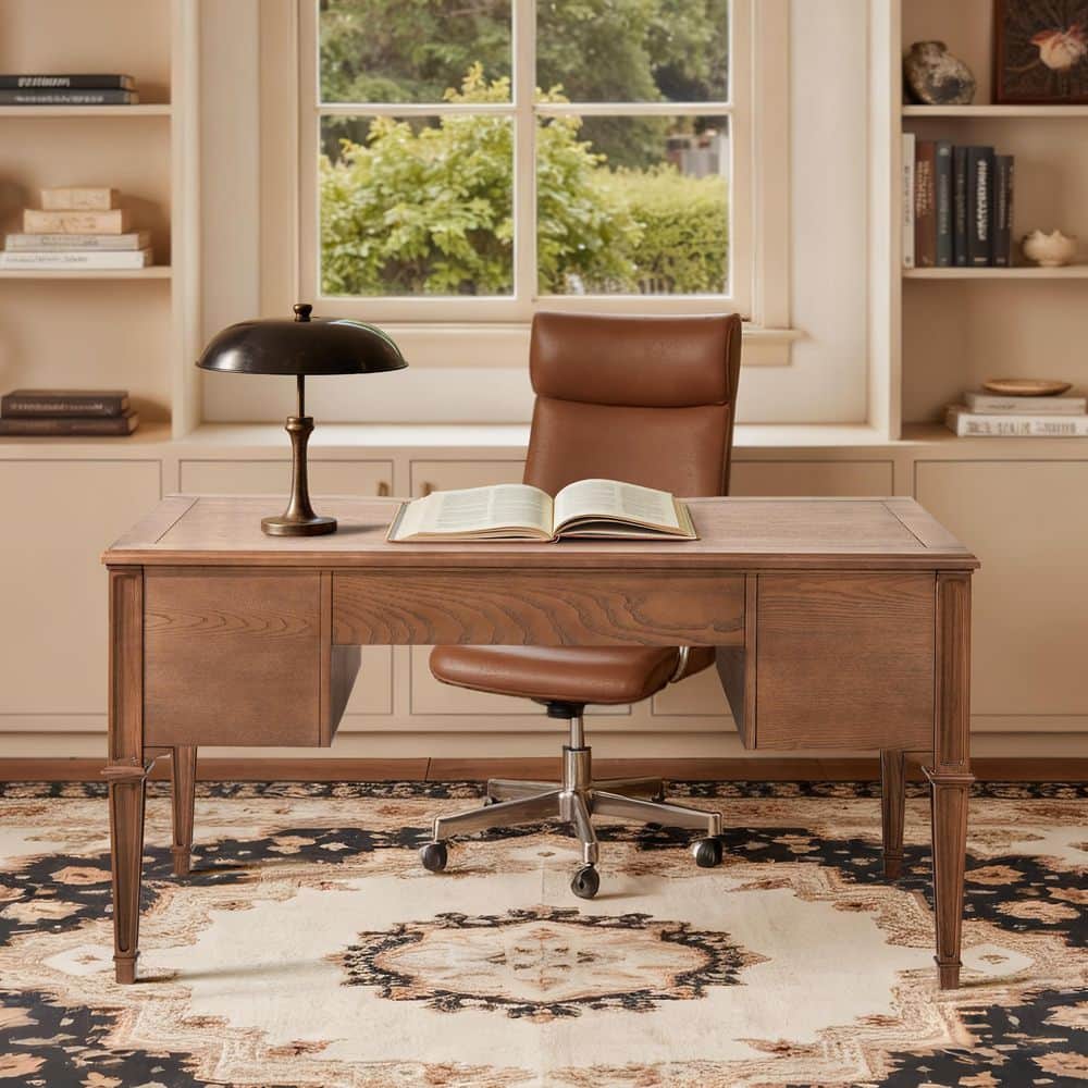 Dauphin Gold Accent 59 in. 5-Drawer Wood Executive Desk Brown Ash Wood & Veneer