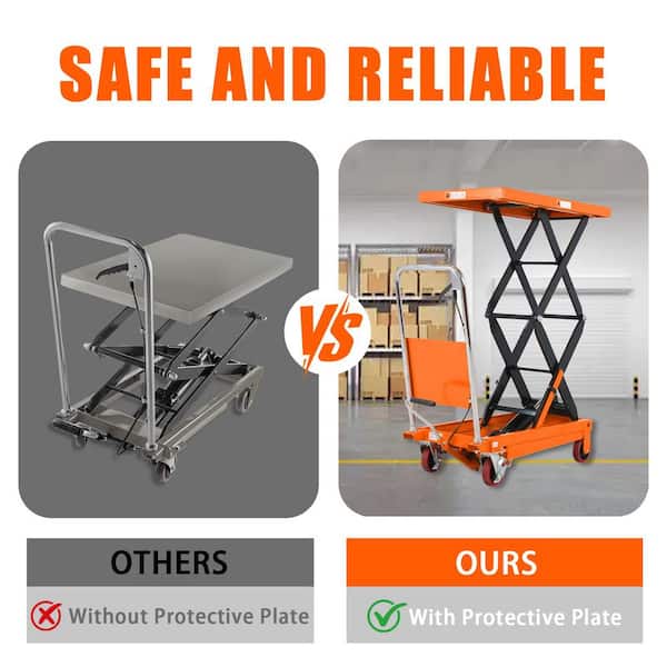 Hydraulic Lift Table Cart 770 lbs. Double Scissor Lift Table 35.8 in. x 19.7 in. Platform Size 51.2 in. Max Lift Orange