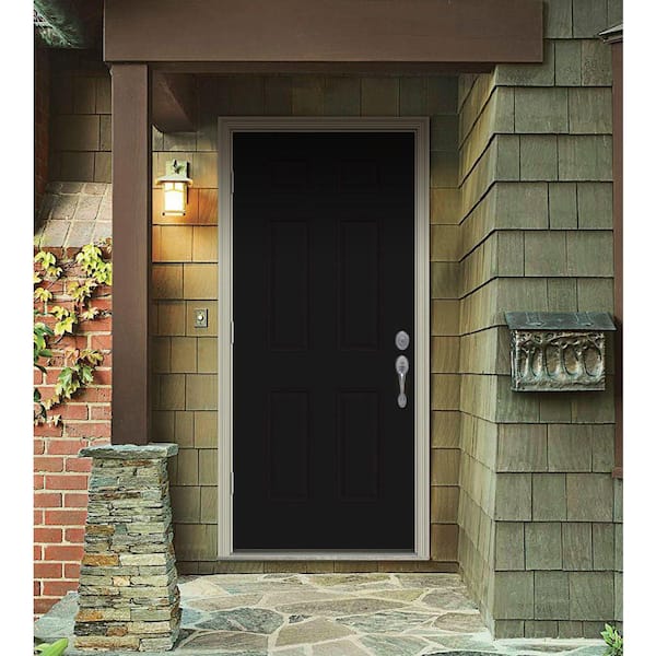 36 in. x 80 in. 6-Panel Black Painted Steel Prehung Right-Hand Outswing Front Door w/Brickmould