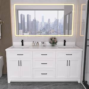 72 in. W x 21.5 in. D x 33.5 in. H Double Sink Bath Vanity in White with White Marble Top and 3-Dovetail Drawers